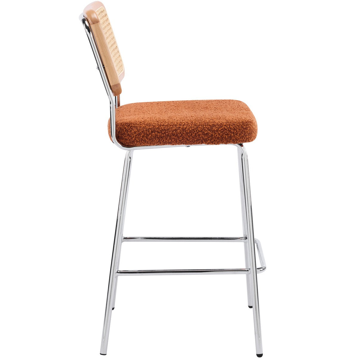 Muse - Lot de 2 Chaises de Bar en Cannage et Tissu Bouclé, Piètement Chromé - Rouille