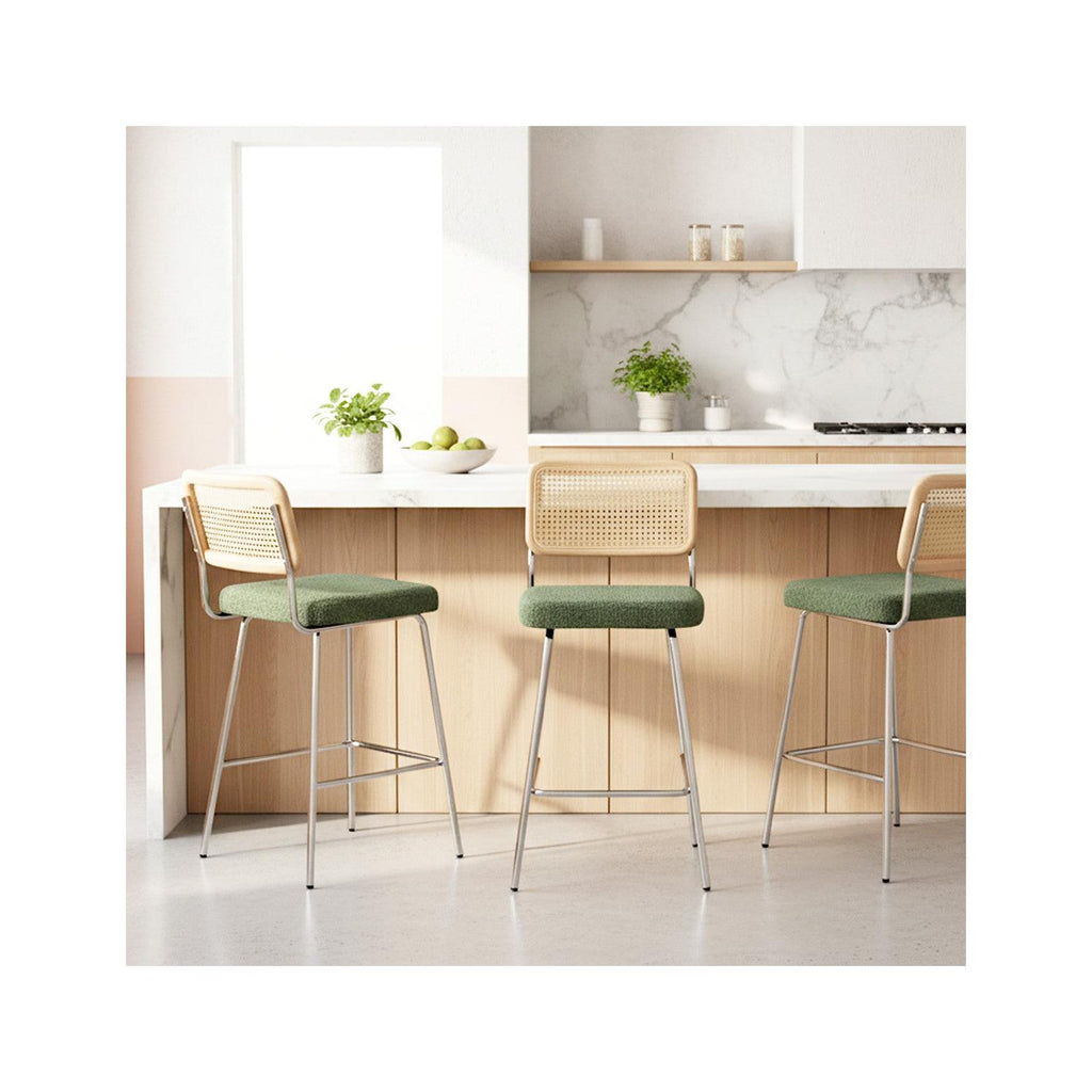 Muse - Lot de 2 Chaises de Bar en Cannage et Tissu Bouclé, Piètement Chromé - Vert