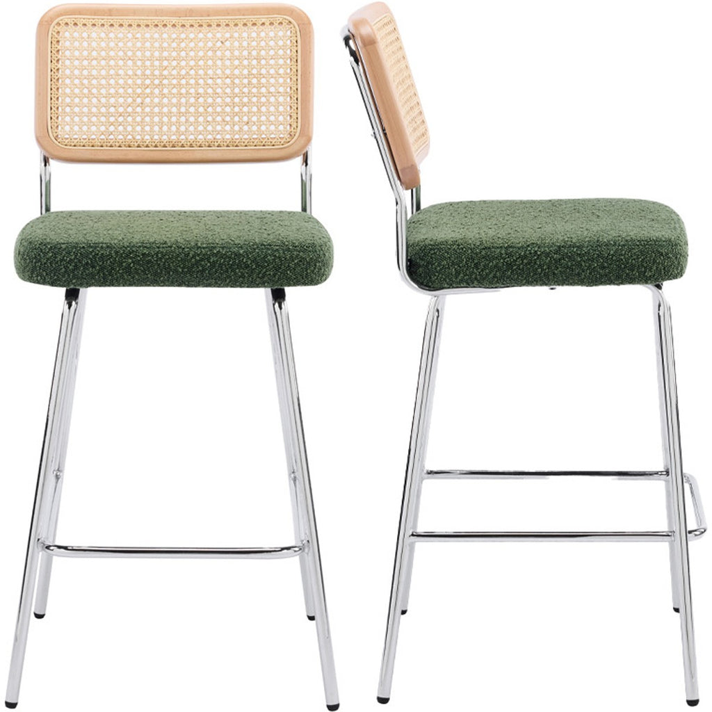 Muse - Lot de 2 Chaises de Bar en Cannage et Tissu Bouclé, Piètement Chromé - Vert