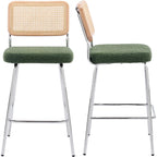 Muse - Lot de 2 Chaises de Bar en Cannage et Tissu Bouclé, Piètement Chromé - Vert