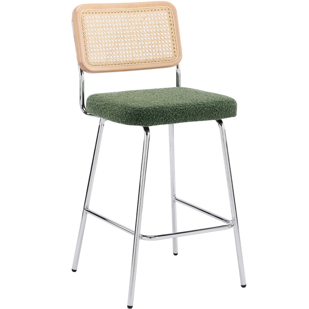 Muse - Lot de 2 Chaises de Bar en Cannage et Tissu Bouclé, Piètement Chromé - Vert