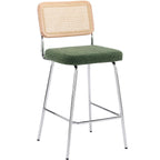 Muse - Lot de 2 Chaises de Bar en Cannage et Tissu Bouclé, Piètement Chromé - Vert