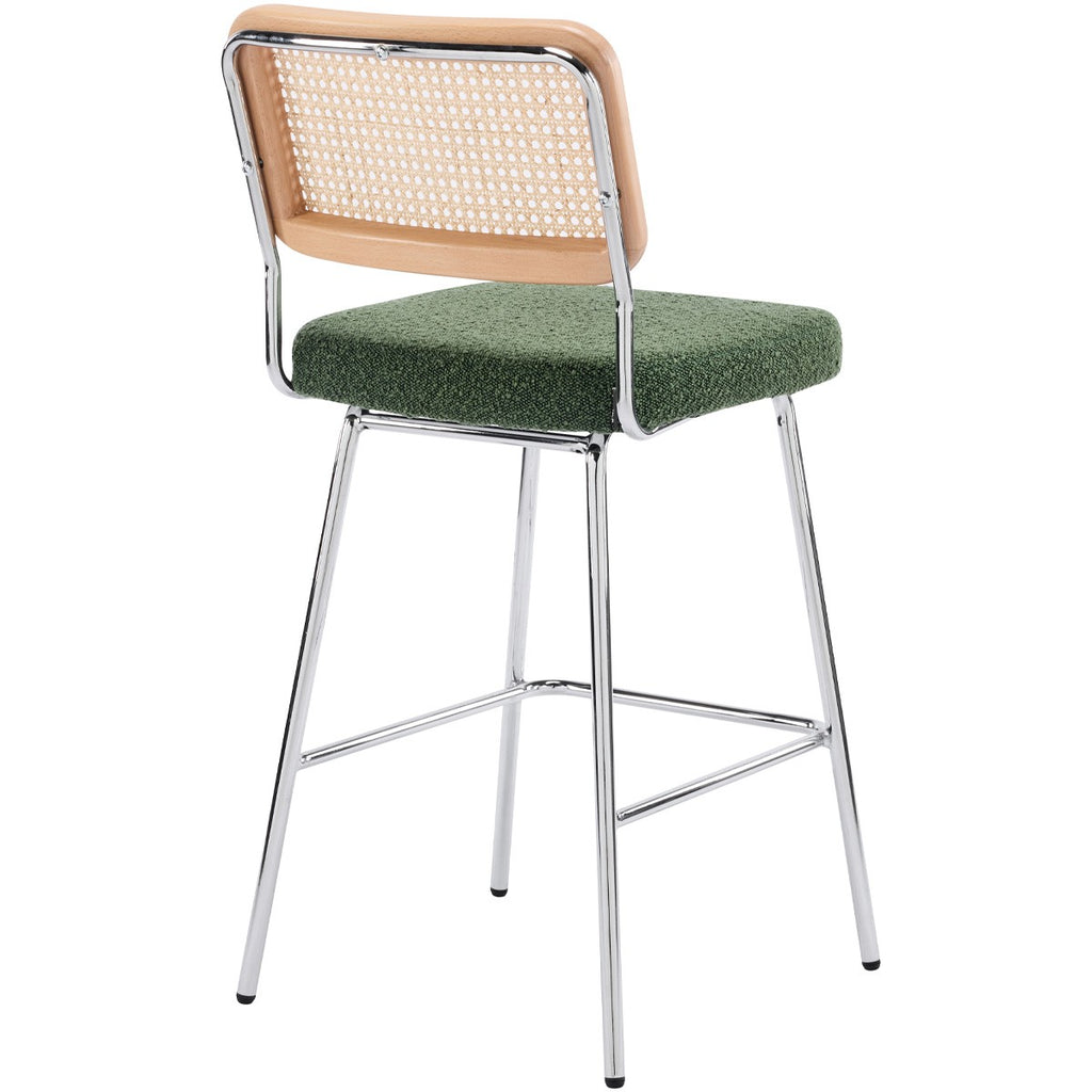 Muse - Lot de 2 Chaises de Bar en Cannage et Tissu Bouclé, Piètement Chromé - Vert