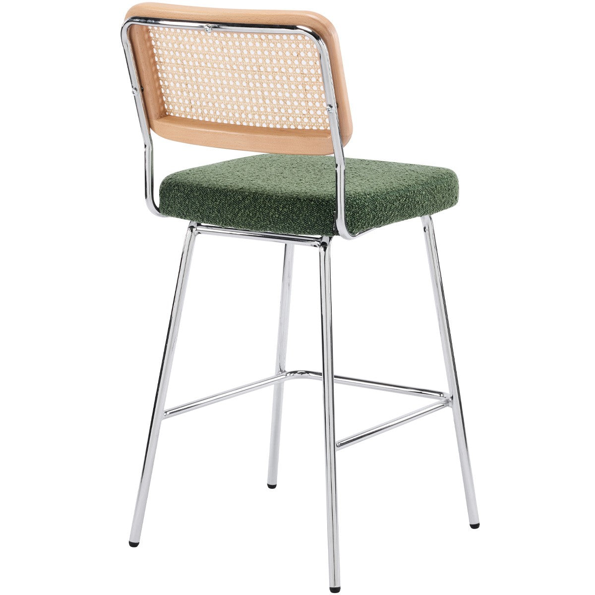 Muse - Lot de 2 Chaises de Bar en Cannage et Tissu Bouclé, Piètement Chromé - Vert