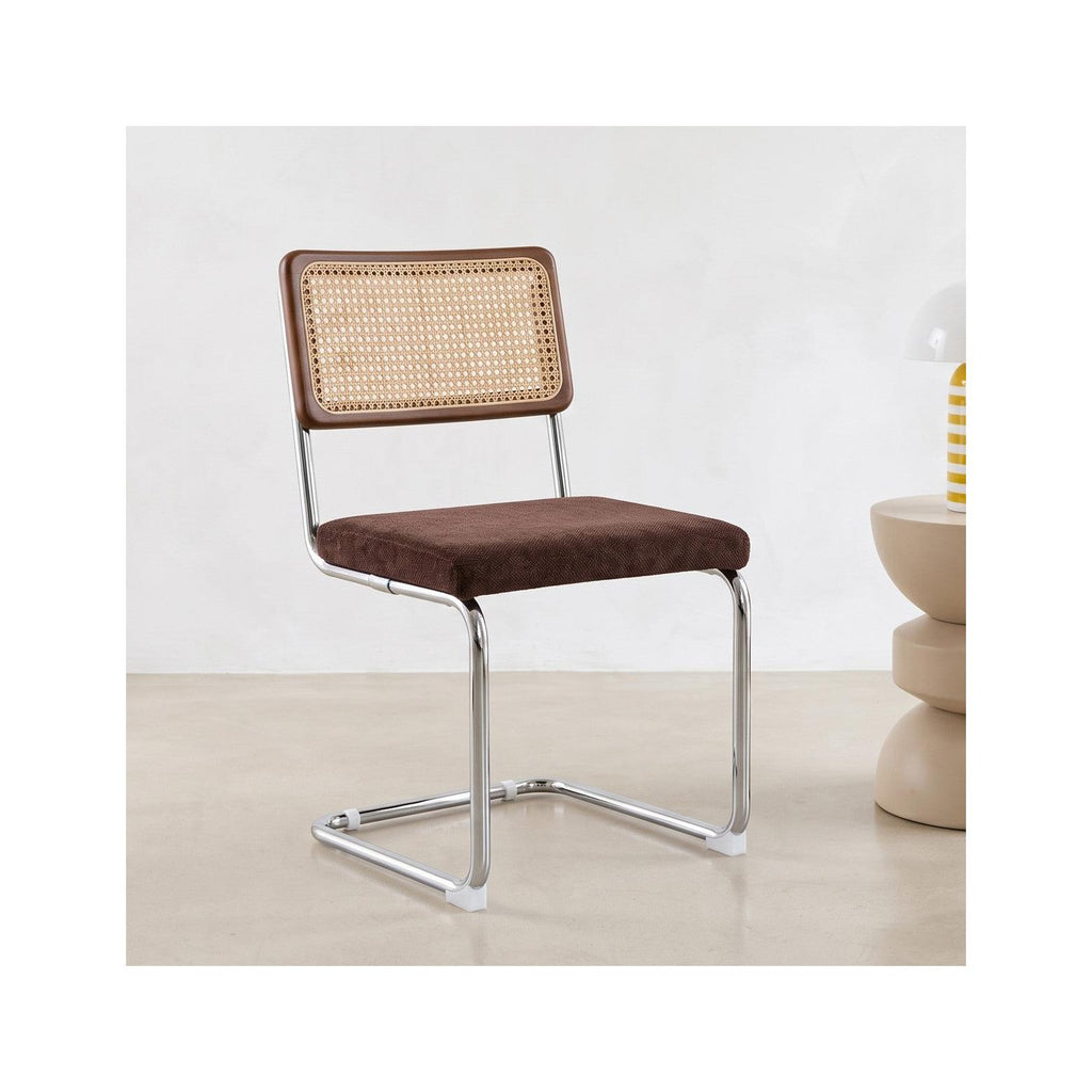 Muse - Lot de 2 Chaises en Cannage, Tissu Chenille et Piètement Chromé - Marron