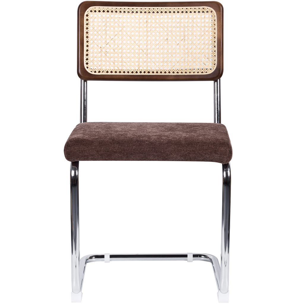 Muse - Lot de 2 Chaises en Cannage, Tissu Chenille et Piètement Chromé - Marron