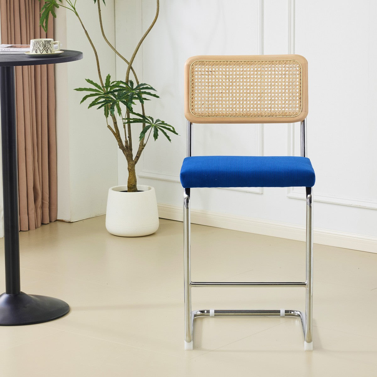 Muse - Lot de 2 Tabourets de Bar en Cannage et Velours Côtelé - Bleu Électrique