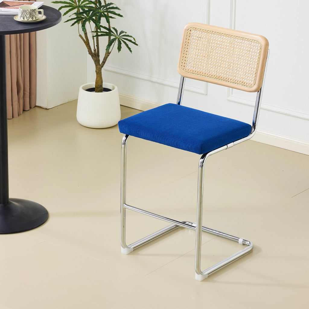 Muse - Lot de 2 Tabourets de Bar en Cannage et Velours Côtelé - Bleu Électrique