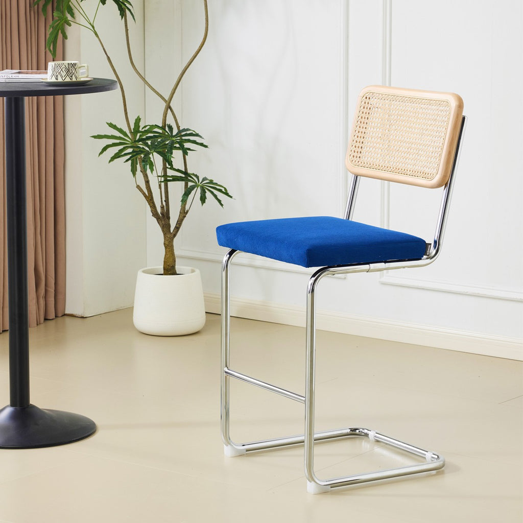 Muse - Lot de 2 Tabourets de Bar en Cannage et Velours Côtelé - Bleu Électrique