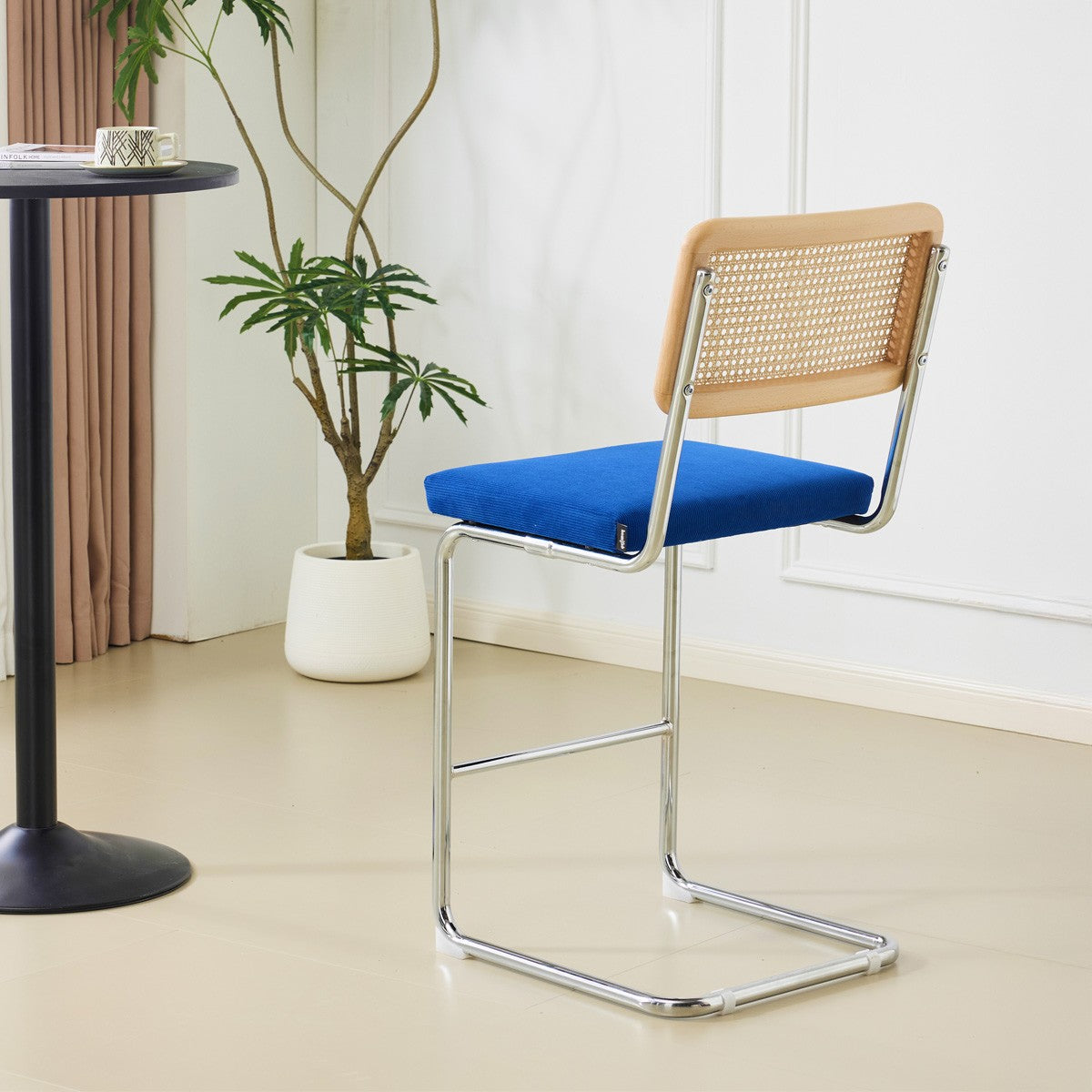 Muse - Lot de 2 Tabourets de Bar en Cannage et Velours Côtelé - Bleu Électrique