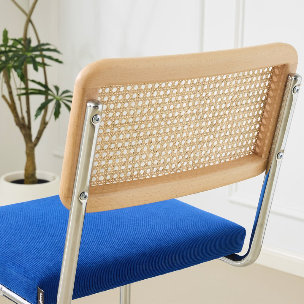 Muse - Lot de 2 Tabourets de Bar en Cannage et Velours Côtelé - Bleu Électrique