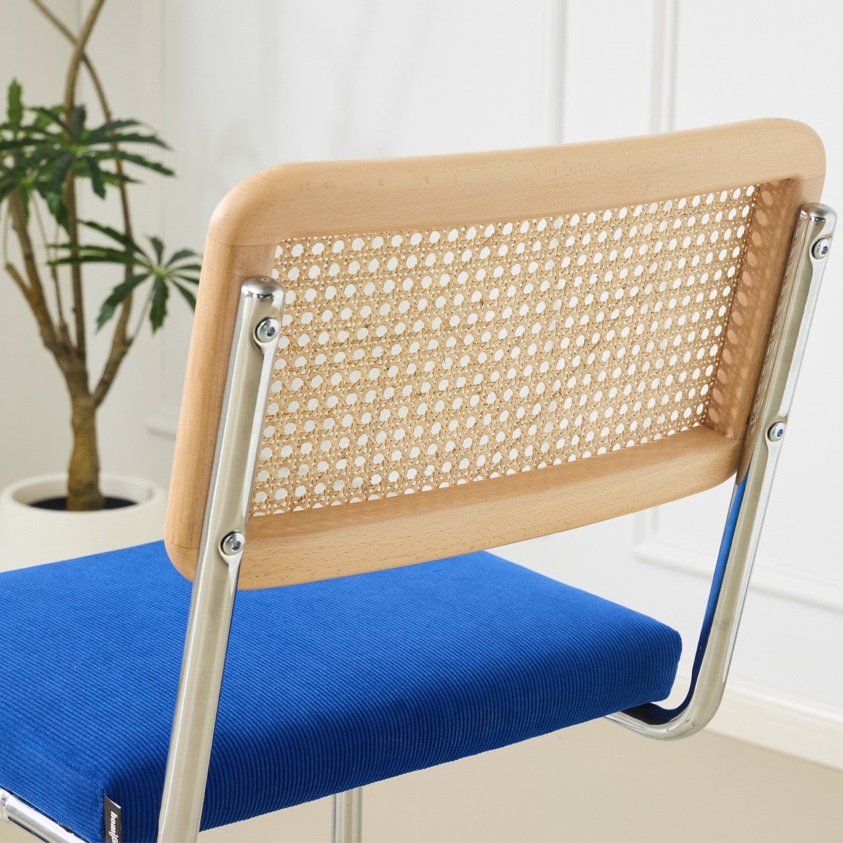 Muse - Lot de 2 Tabourets de Bar en Cannage et Velours Côtelé - Bleu Électrique
