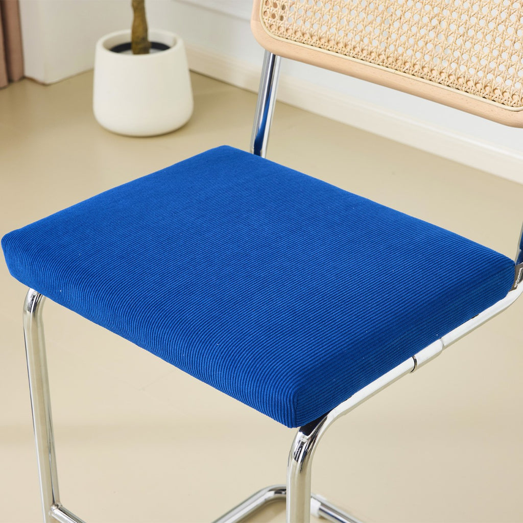 Muse - Lot de 2 Tabourets de Bar en Cannage et Velours Côtelé - Bleu Électrique