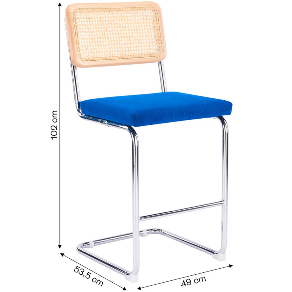 Muse - Lot de 2 Tabourets de Bar en Cannage et Velours Côtelé - Bleu Électrique