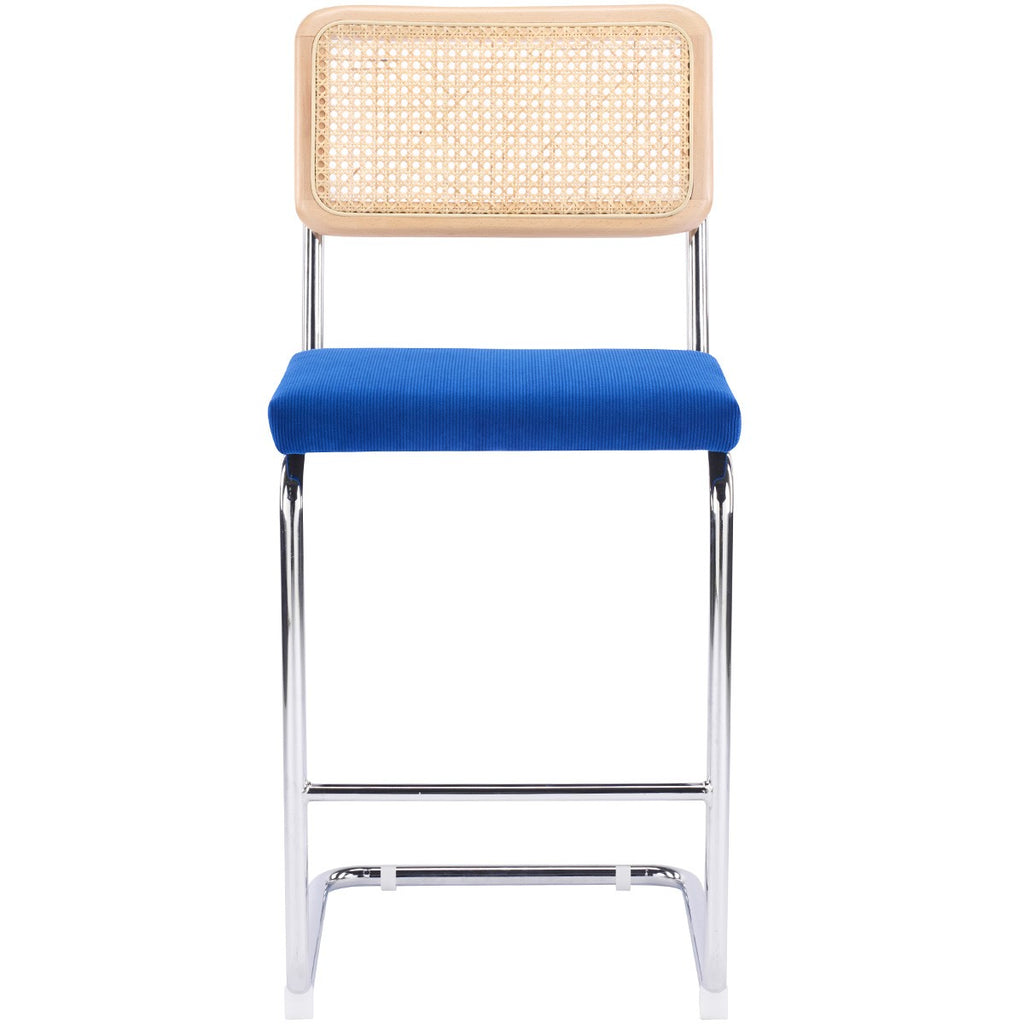 Muse - Lot de 2 Tabourets de Bar en Cannage et Velours Côtelé - Bleu Électrique