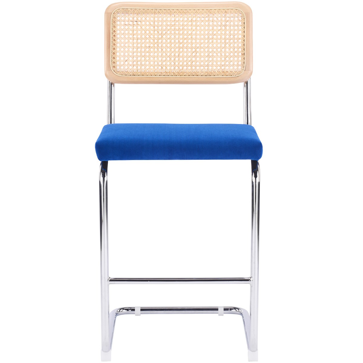 Muse - Lot de 2 Tabourets de Bar en Cannage et Velours Côtelé - Bleu Électrique