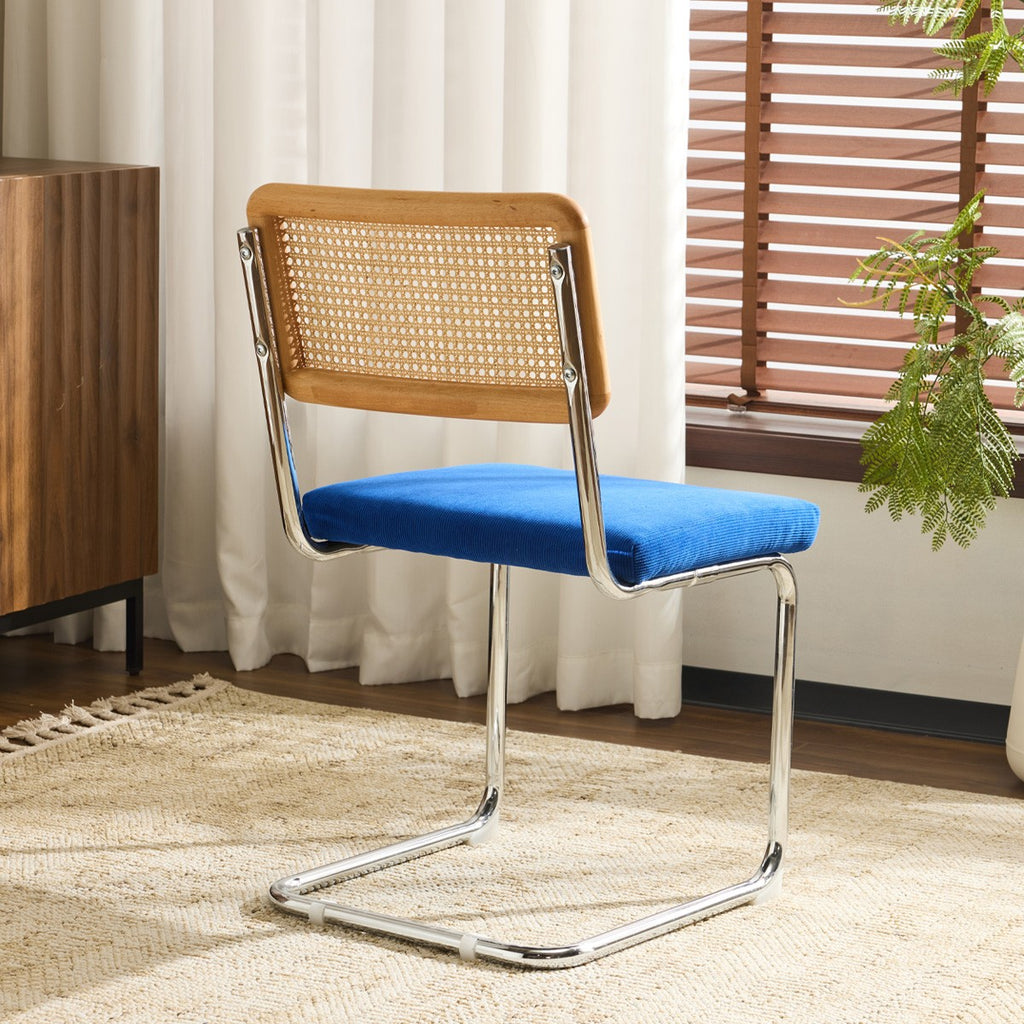 Muse - Lot de 2 Chaises en Cannage, Velours Côtelé et Métal Chromé - Bleu Électrique