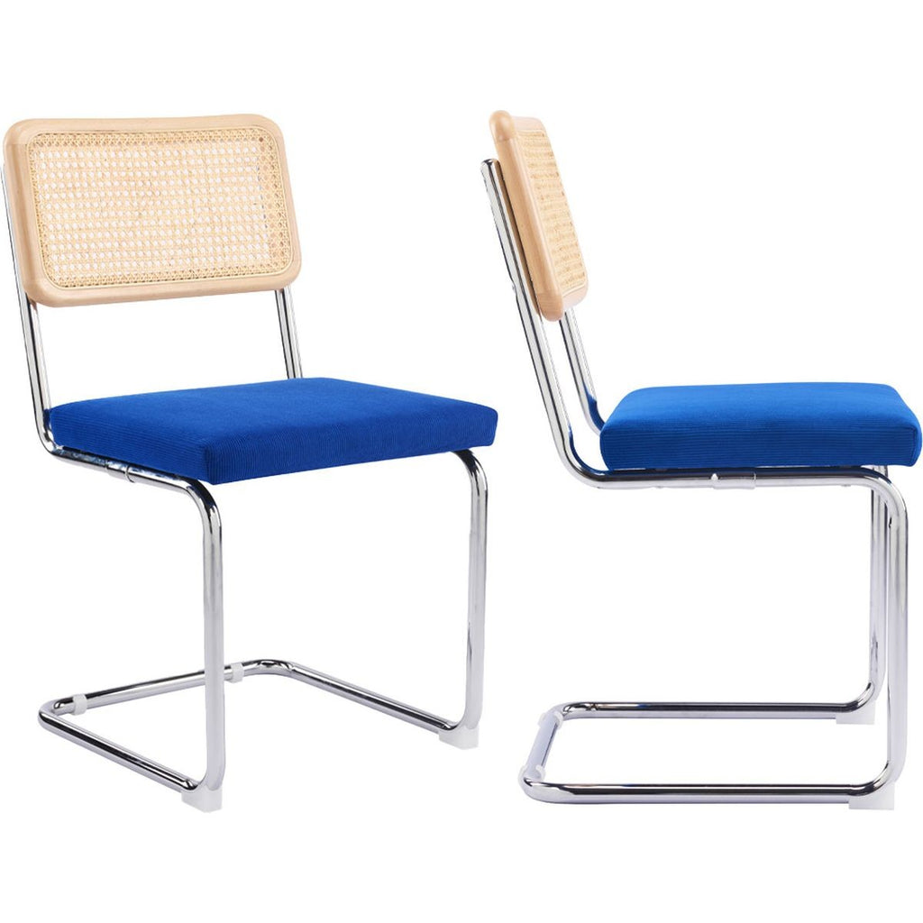 Muse - Lot de 2 Chaises en Cannage, Velours Côtelé et Métal Chromé - Bleu Électrique