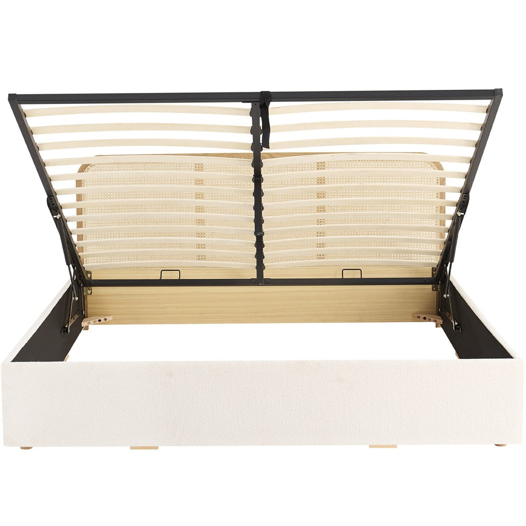 Elsa - Lit Coffre Adulte 140x190 cm en Tissu Bouclé avec Tête de Lit en Bois et Cannage - Beige