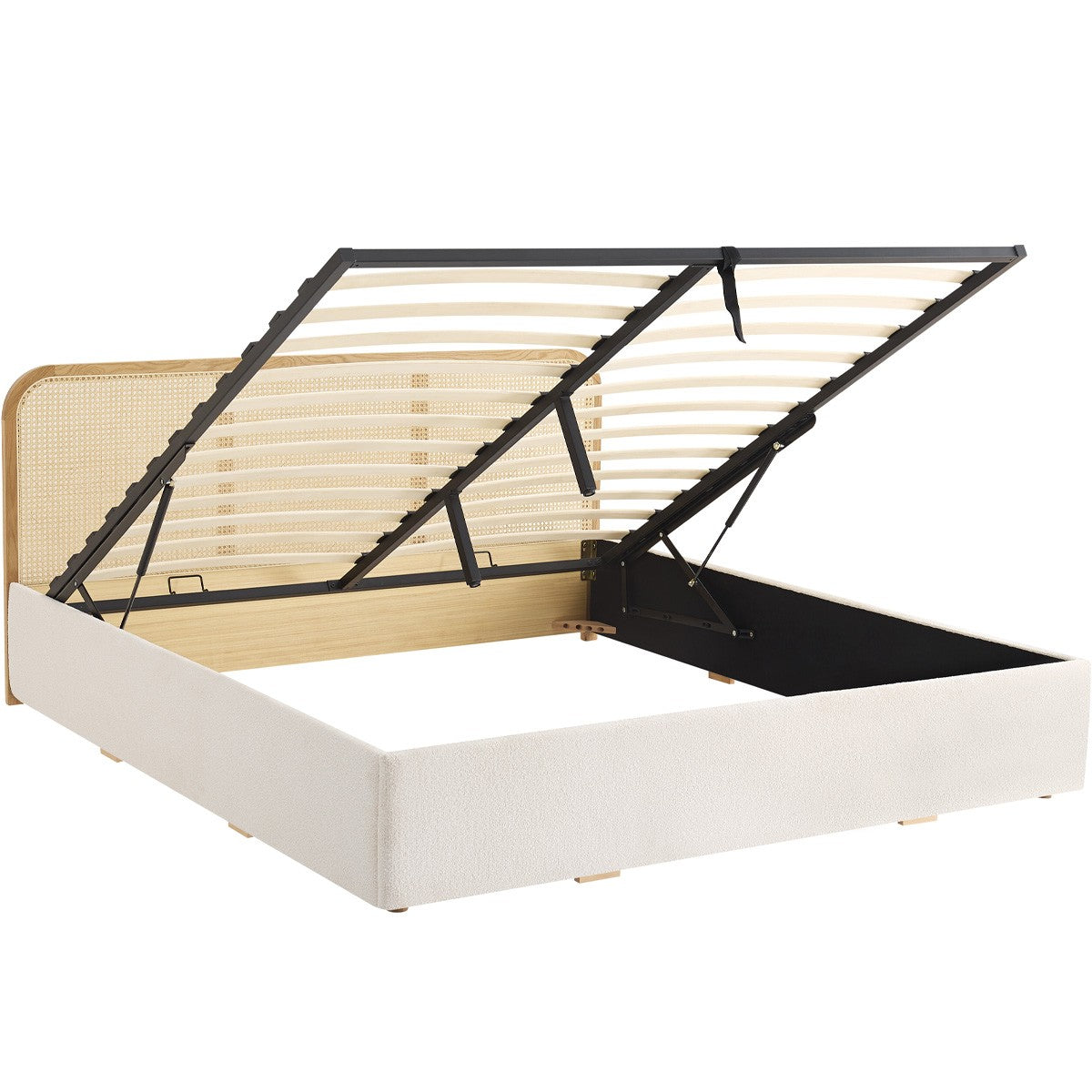 Elsa - Lit Coffre Adulte 140x190 cm en Tissu Bouclé avec Tête de Lit en Bois et Cannage - Beige