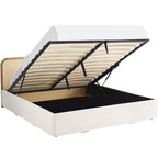 Elsa - Lit Coffre Adulte 140x190 cm en Tissu Bouclé avec Tête de Lit en Bois et Cannage - Beige