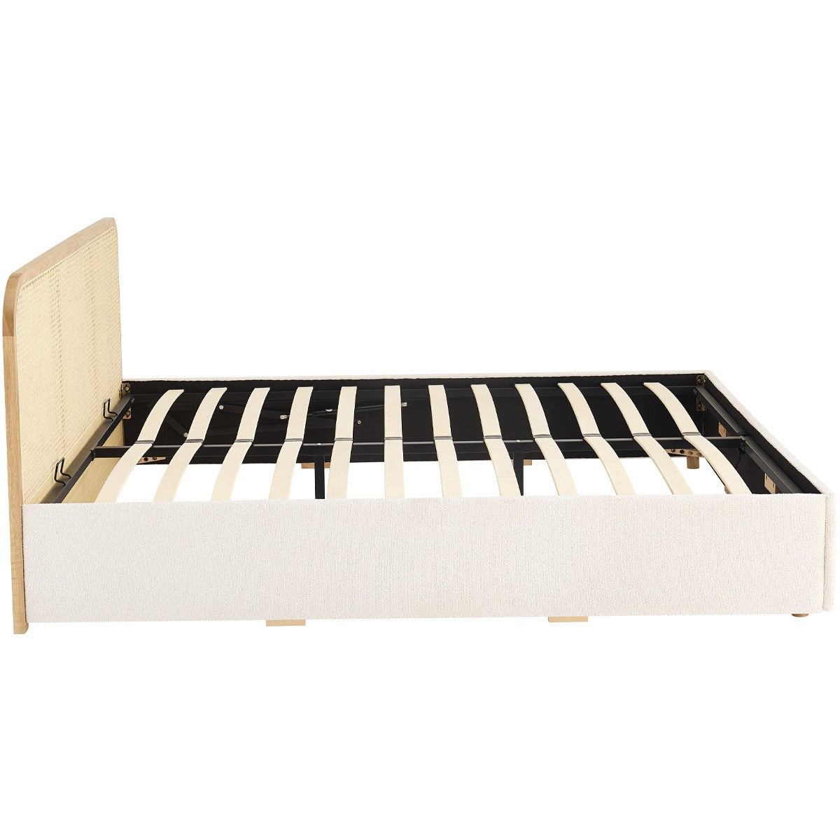 Elsa - Lit Coffre Adulte 140x190 cm en Tissu Bouclé avec Tête de Lit en Bois et Cannage - Beige