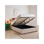 Elsa - Lit Coffre Adulte 140x190 cm en Tissu Bouclé avec Tête de Lit en Bois et Cannage - Beige