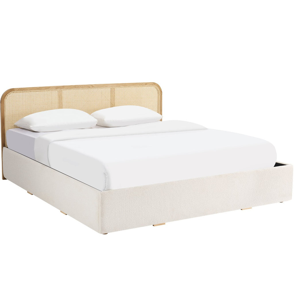 Elsa - Lit Coffre Adulte 140x190 cm en Tissu Bouclé avec Tête de Lit en Bois et Cannage - Beige