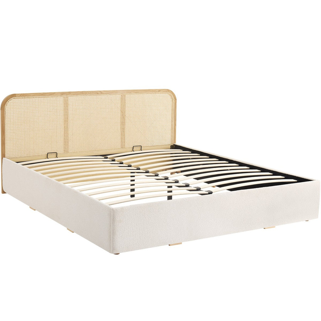 Elsa - Lit Coffre Adulte 140x190 cm en Tissu Bouclé avec Tête de Lit en Bois et Cannage - Beige
