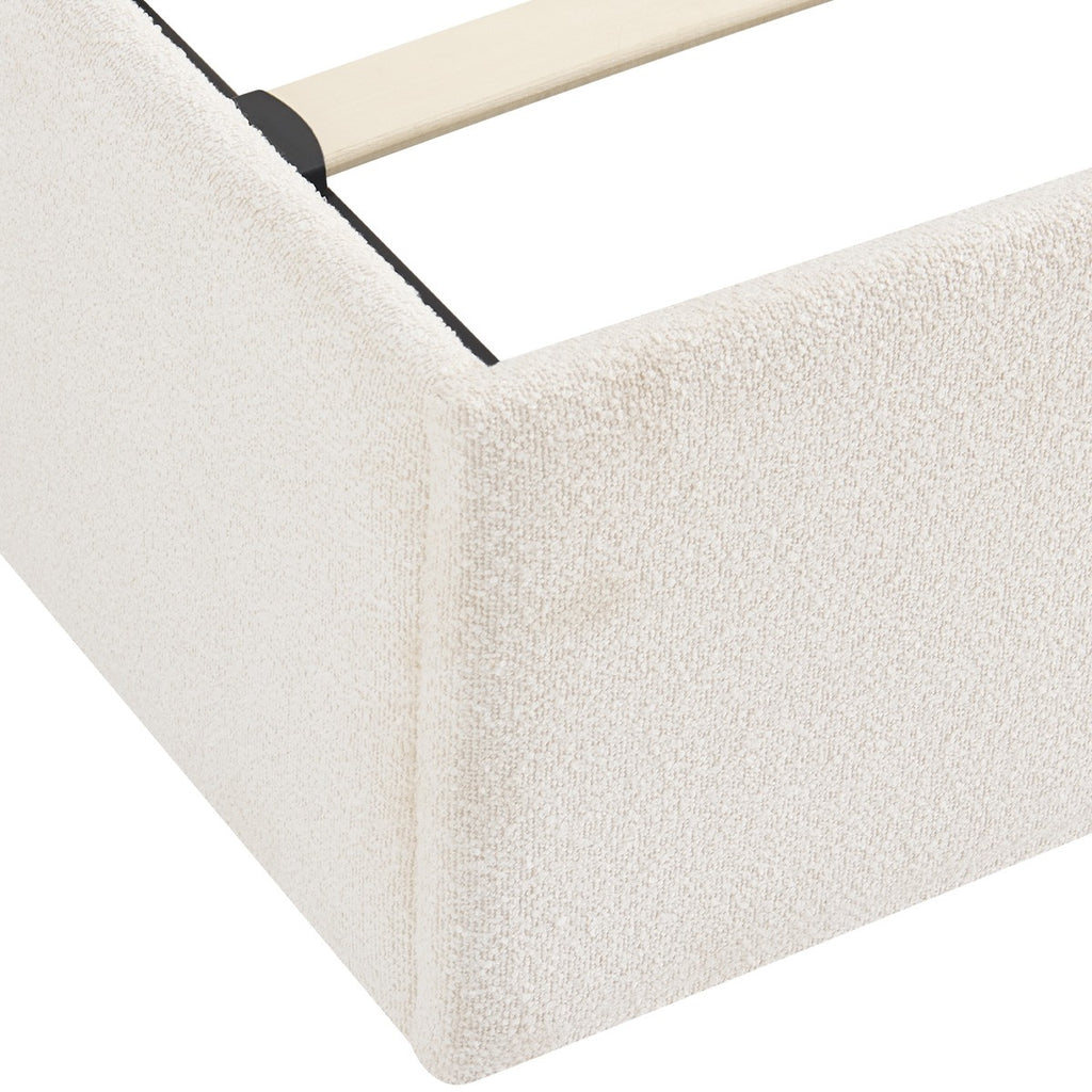 Elsa - Lit Coffre Adulte 140x190 cm en Tissu Bouclé avec Tête de Lit en Bois et Cannage - Beige