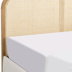 Elsa - Lit Coffre Adulte 140x190 cm en Tissu Bouclé avec Tête de Lit en Bois et Cannage - Beige