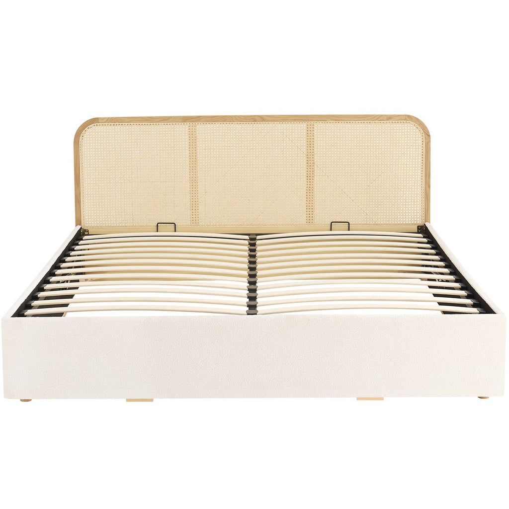 Elsa - Lit Coffre Adulte 140x190 cm en Tissu Bouclé avec Tête de Lit en Bois et Cannage - Beige