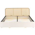 Elsa - Lit Coffre Adulte 140x190 cm en Tissu Bouclé avec Tête de Lit en Bois et Cannage - Beige