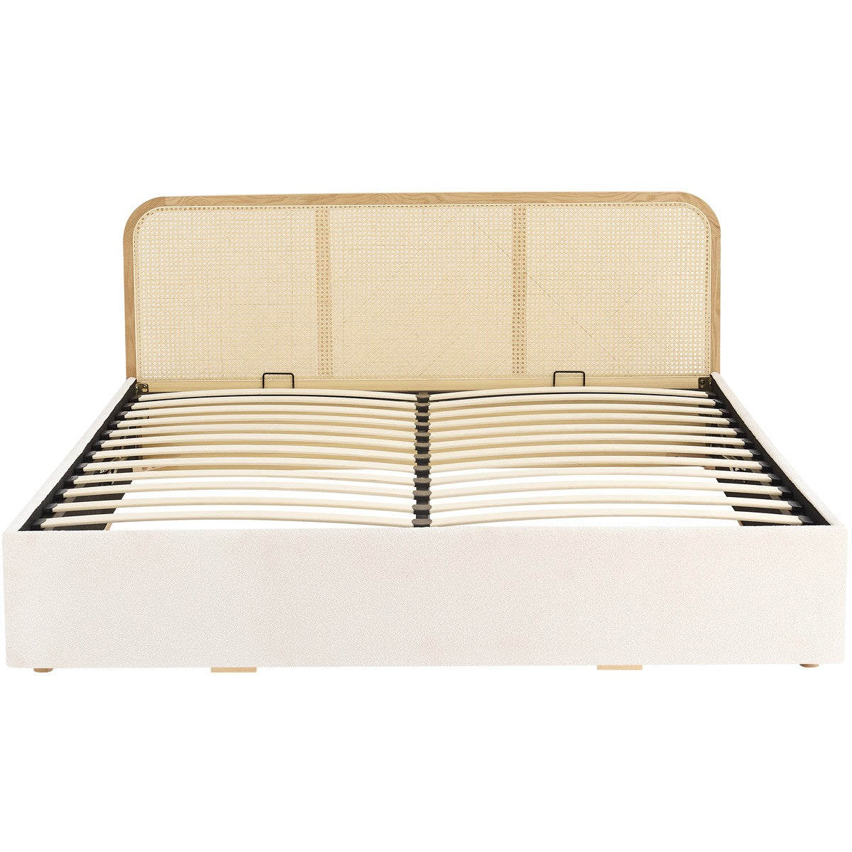 Elsa - Lit Coffre Adulte 140x190 cm en Tissu Bouclé avec Tête de Lit en Bois et Cannage - Beige