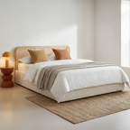 Elsa - Lit Coffre Adulte 140x190 cm en Velours Côtelé avec Tête de Lit en Bois et Cannage - Beige
