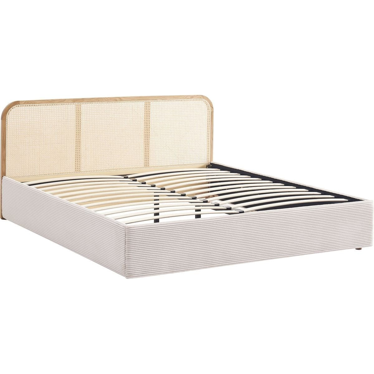 Elsa - Lit Coffre Adulte 140x190 cm en Velours Côtelé avec Tête de Lit en Bois et Cannage - Beige