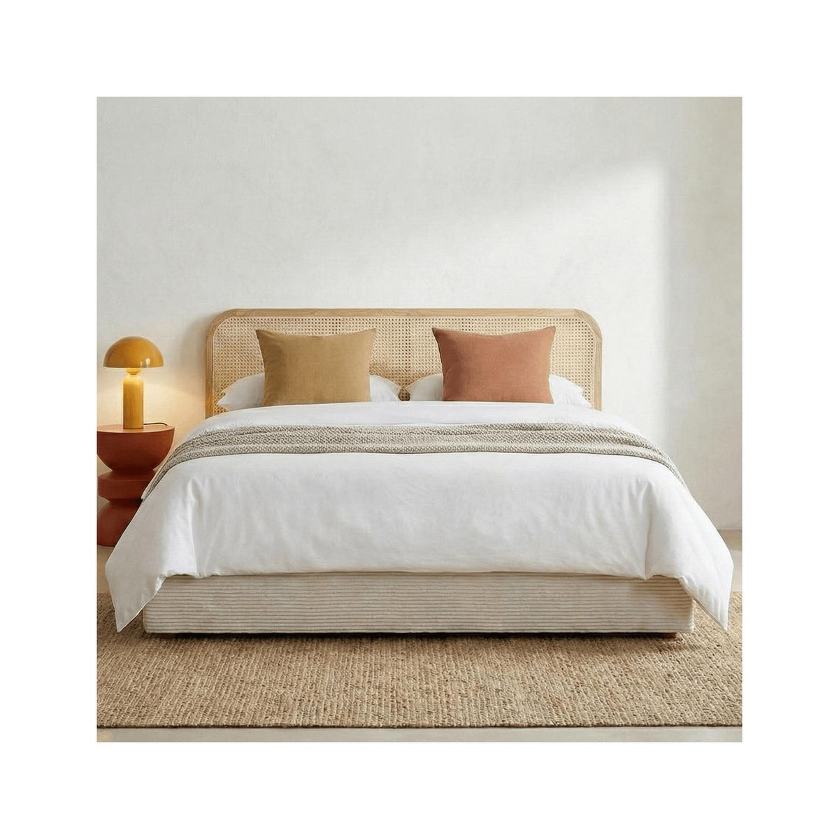 Elsa - Lit Coffre Adulte 140x190 cm en Velours Côtelé avec Tête de Lit en Bois et Cannage - Beige