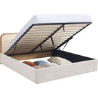 Elsa - Lit Coffre Adulte 140x190 cm en Velours Côtelé avec Tête de Lit en Bois et Cannage - Beige