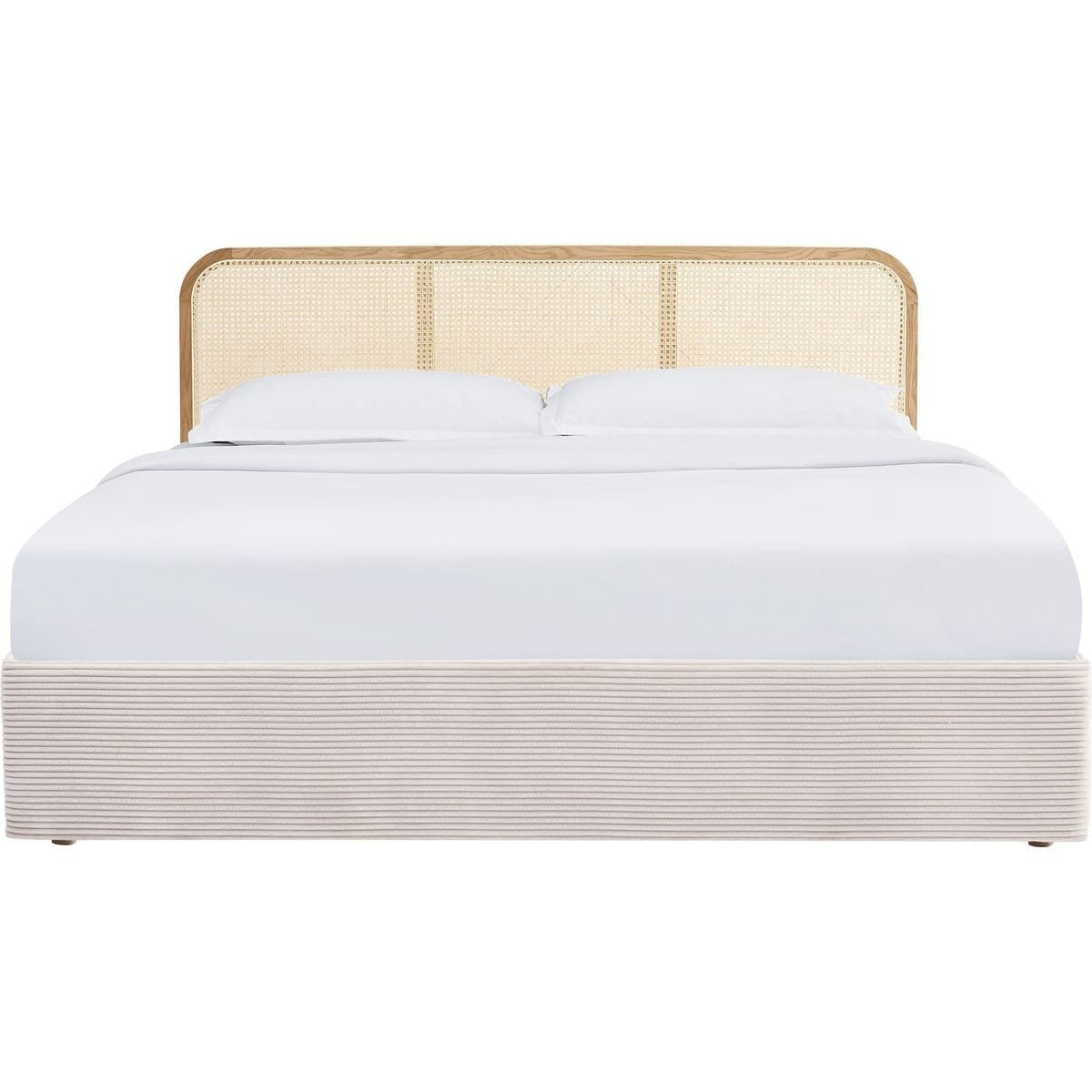 Elsa - Lit Coffre Adulte 140x190 cm en Velours Côtelé avec Tête de Lit en Bois et Cannage - Beige