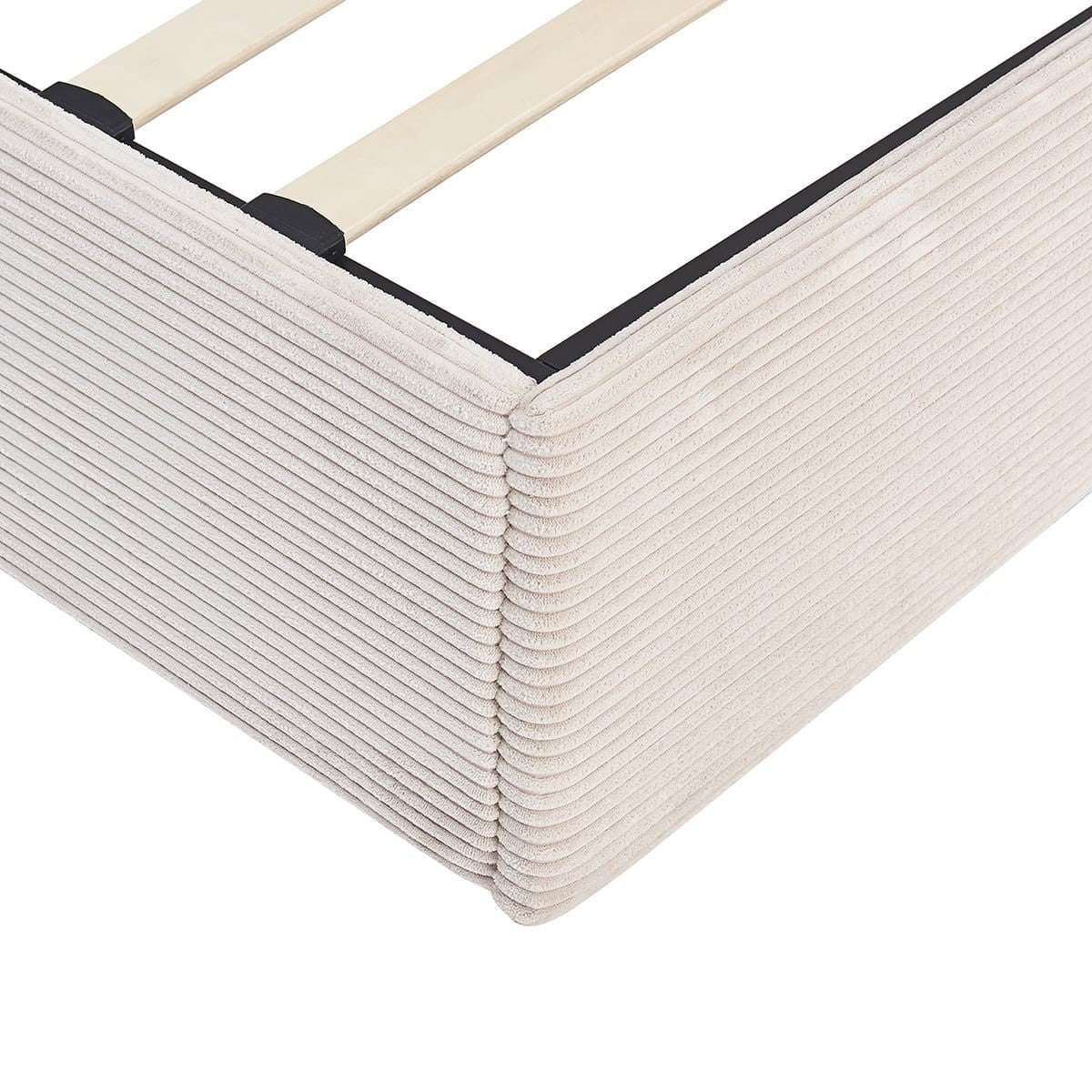 Elsa - Lit Coffre Adulte 140x190 cm en Velours Côtelé avec Tête de Lit en Bois et Cannage - Beige