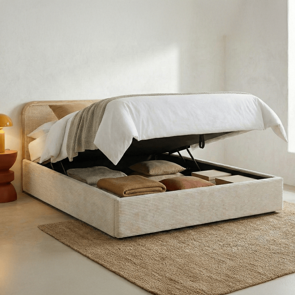 Elsa - Lit Coffre Adulte 140x190 cm en Velours Côtelé avec Tête de Lit en Bois et Cannage - Beige