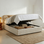 Elsa - Lit Coffre Adulte 140x190 cm en Velours Côtelé avec Tête de Lit en Bois et Cannage - Beige