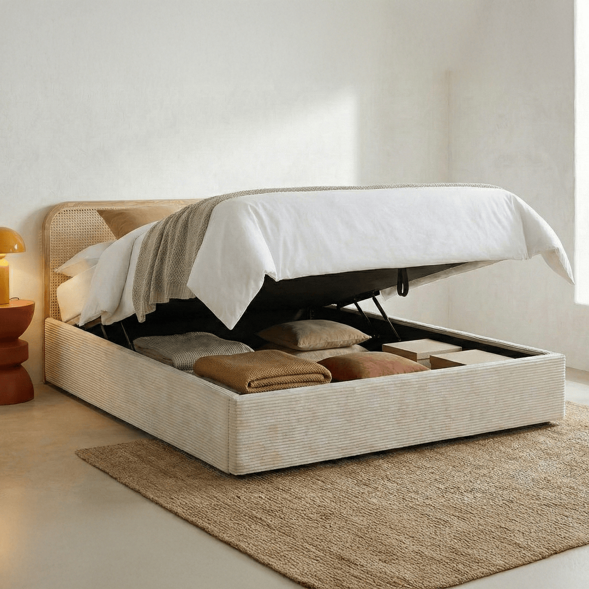 Elsa - Lit Coffre Adulte 140x190 cm en Velours Côtelé avec Tête de Lit en Bois et Cannage - Beige