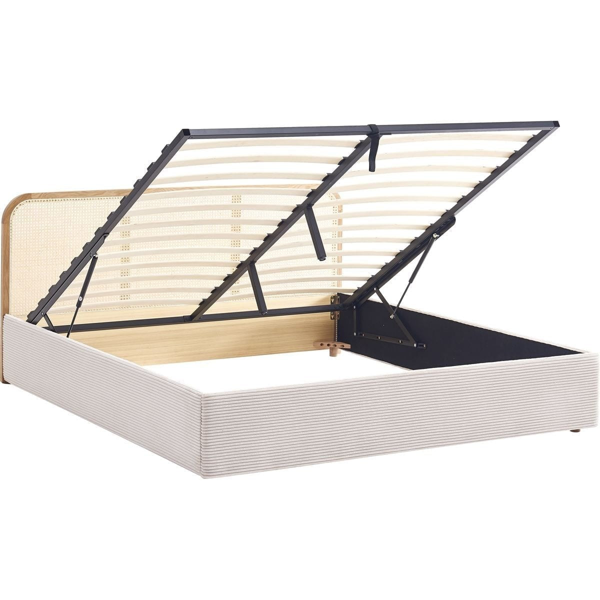 Elsa - Lit Coffre Adulte 140x190 cm en Velours Côtelé avec Tête de Lit en Bois et Cannage - Beige