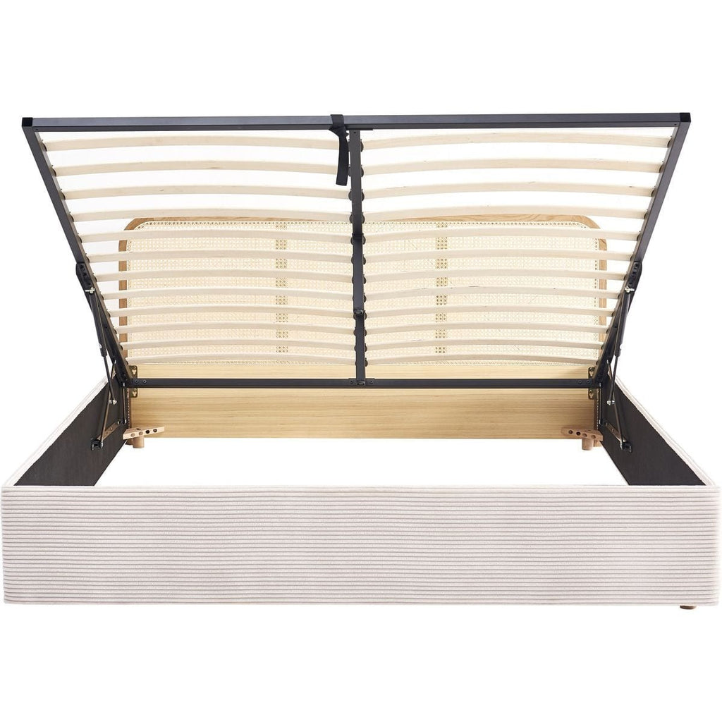 Elsa - Lit Coffre Adulte 140x190 cm en Velours Côtelé avec Tête de Lit en Bois et Cannage - Beige
