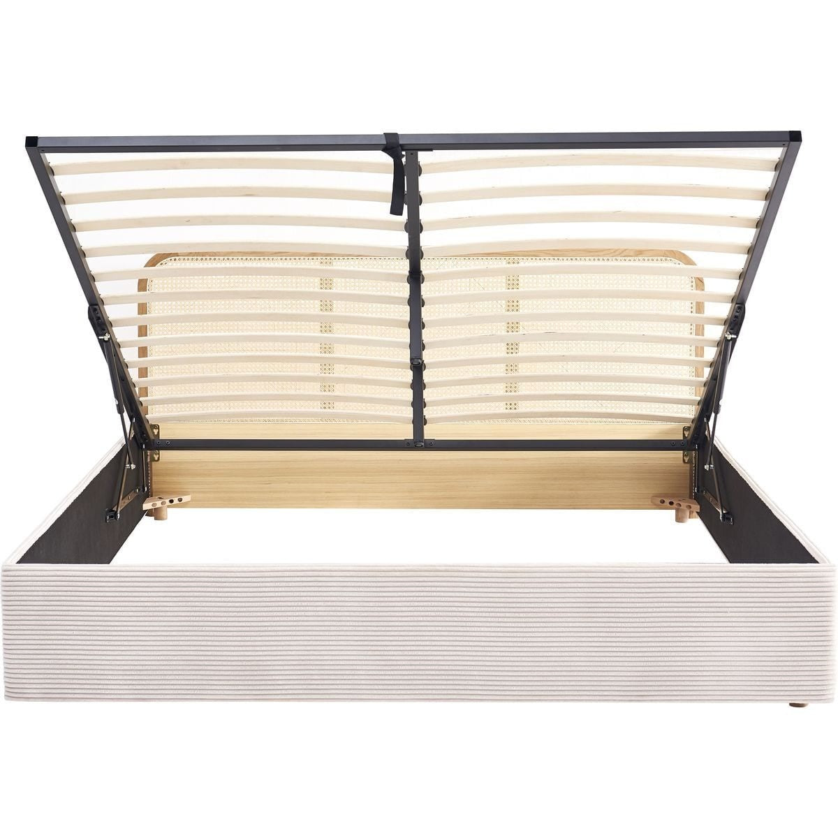 Elsa - Lit Coffre Adulte 140x190 cm en Velours Côtelé avec Tête de Lit en Bois et Cannage - Beige