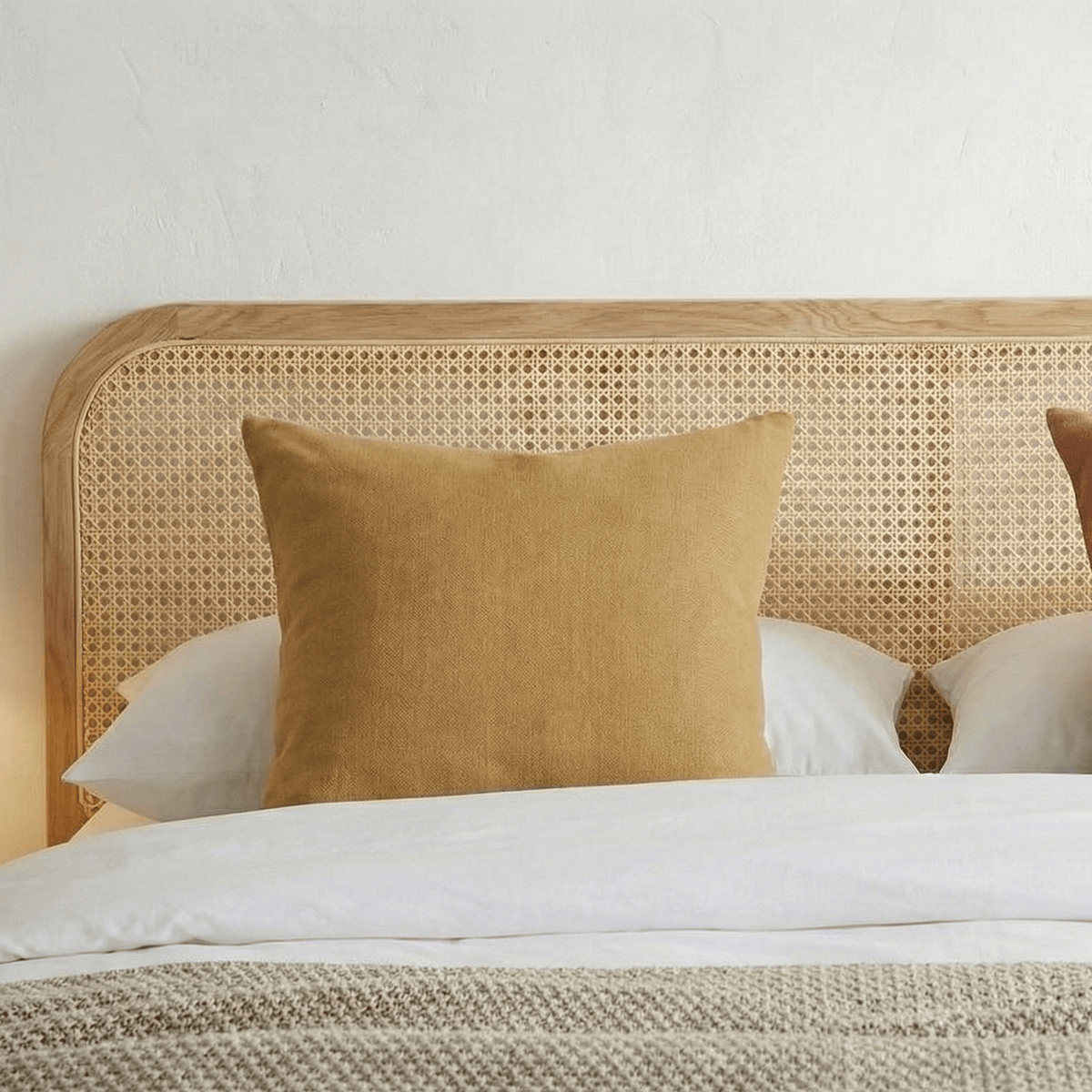 Elsa - Lit Coffre Adulte 140x190 cm en Velours Côtelé avec Tête de Lit en Bois et Cannage - Beige
