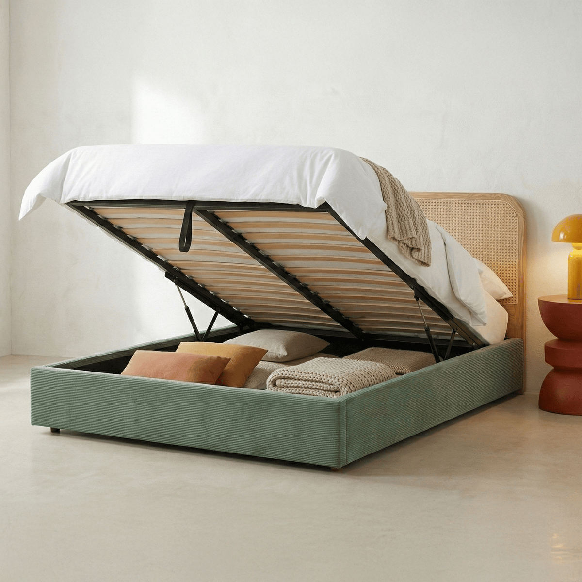 Elsa - Lit Coffre Adulte en Velours Côtelé Kaki avec Tête de Lit en Bois et Cannage - Vert