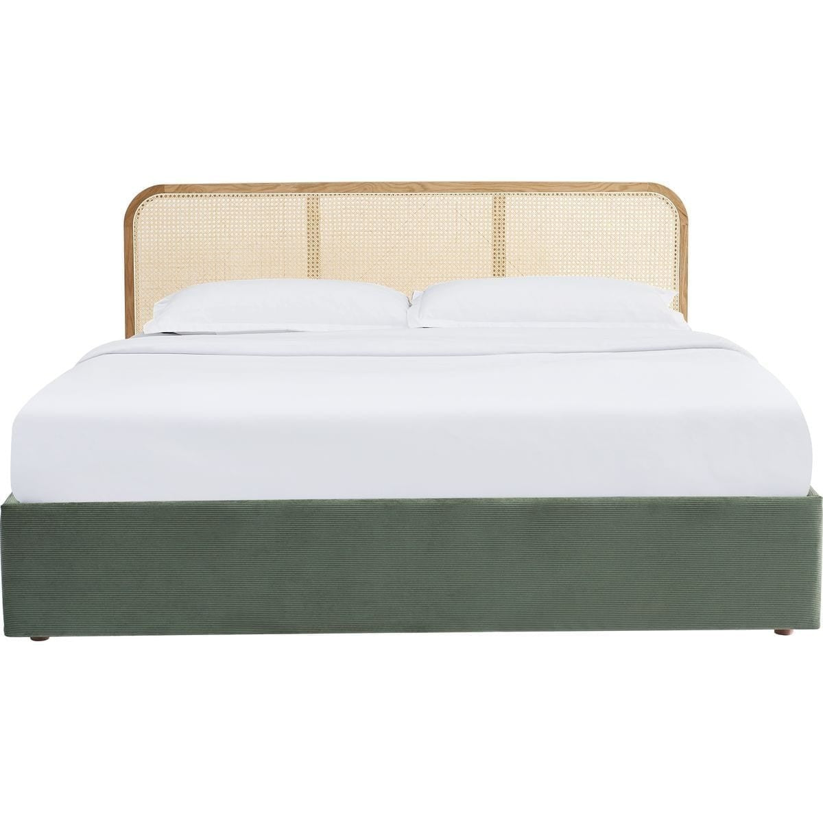 Elsa - Lit Coffre Adulte en Velours Côtelé Kaki avec Tête de Lit en Bois et Cannage - Vert