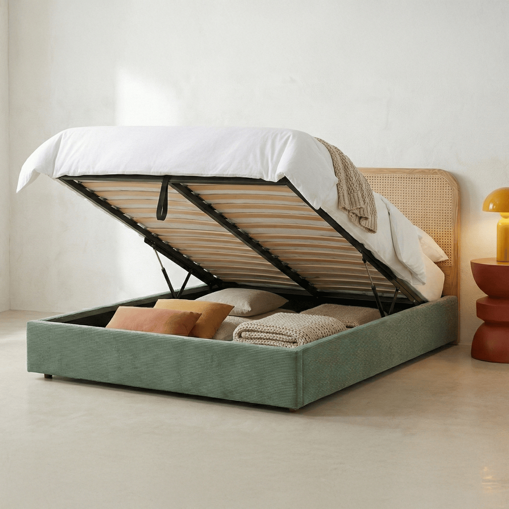 Elsa - Lit Coffre Adulte en Velours Côtelé Kaki avec Tête de Lit en Bois et Cannage - Vert